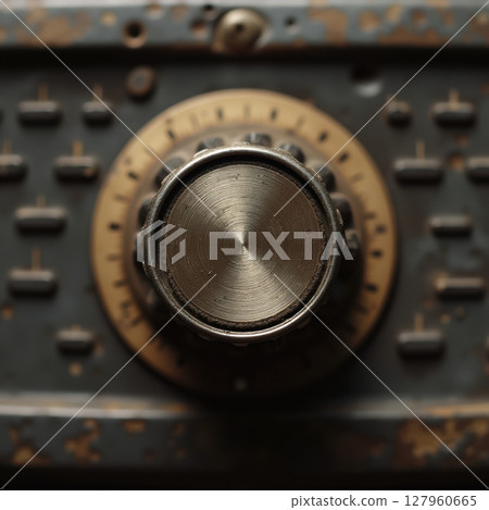 Top view of retro radio tuning knob, textured surface with patina 127960665