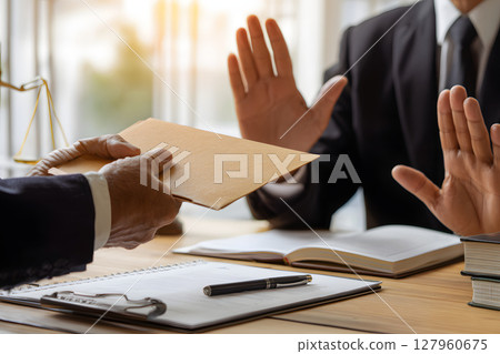 Businessman gestures to reject corruption 127960675