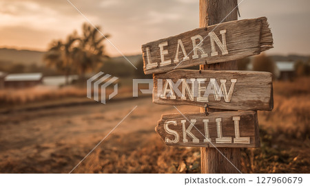 Learn a new skill sign in the rural area 127960679