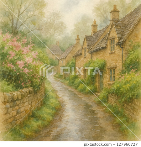 雨中的鄉村石板小巷和英式房屋 | 雨中的鄉村道路和石板房屋 127960727