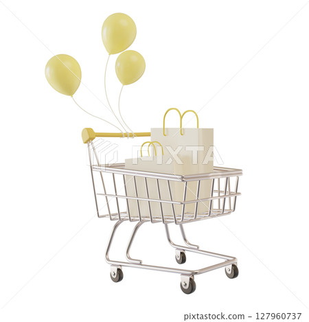 黃色氣球的購物車 3D 插圖 黃色氣球的購物車 3D 插圖 127960737