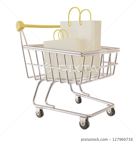 黃色購物車 3D 插圖 黃色購物車 3D 插圖 127960738