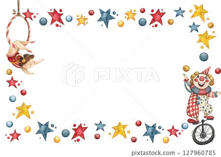 Rectangular frame with a circus gymnast and clown surrounded by stars and balls 127960785