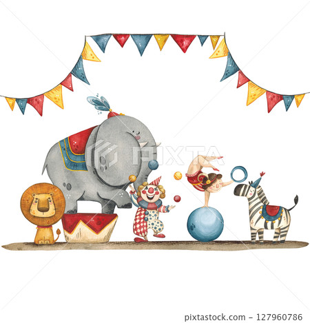 Composition of a circus elephant, zebra, lion, clown, gymnast Composition of a circus elephant, zebra, lion, clown, gymnast 127960786