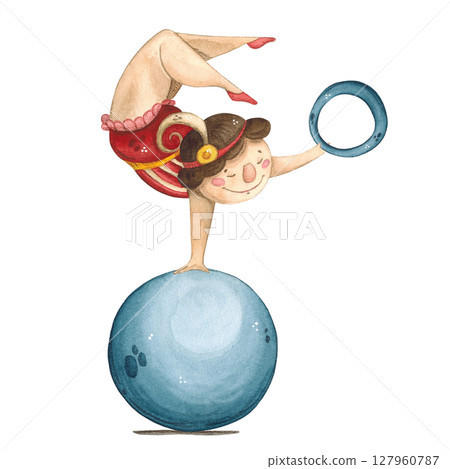 A girl gymnast stands with her hand on a blue ball with a ring 127960787