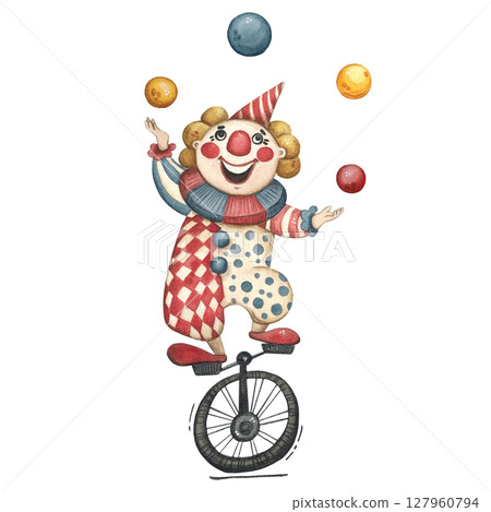 A clown on a unicycle juggles balls 127960794