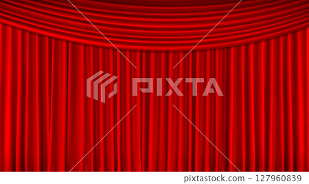 Red stage curtain, long top edge, velvet curtain for movie, concert or drama scenes. Red stage curtain, long top edge, velvet curtain for movie, concert or drama scenes. 127960839