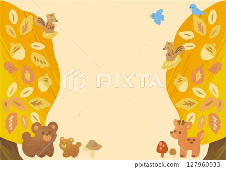 框架秋天動物熊鹿鳥樹蘑菇秋葉水彩手繪可愛背景壁紙插圖素材 127960933