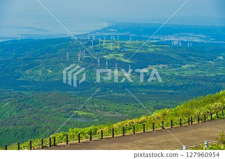 View of wind turbine propellers from Mt. Chokai 127960954
