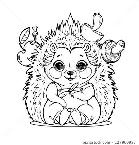 Sitting Baby hedgehog with mushrooms and apple, coloring page for kids, linear hand drawing, vector isolated on white background. Sitting Baby hedgehog with mushrooms and apple, coloring page for kids, linear hand drawing, vector isolated on white background. 127960955