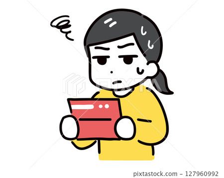 A young woman in casual clothes (upper body) looking troubled while looking at her bankbook. A young woman in casual clothes (upper body) looking troubled while looking at her bankbook. 127960992