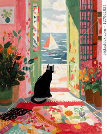Summer landscape art in a colorful room with a black cat gazing at the sea 127961025