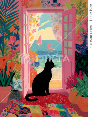 Summer landscape art in a colorful room with a black cat gazing at the sea Summer landscape art in a colorful room with a black cat gazing at the sea 127961026
