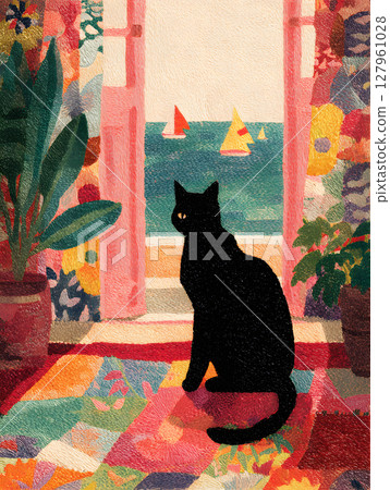 Summer landscape art in a colorful room with a black cat gazing at the sea Summer landscape art in a colorful room with a black cat gazing at the sea 127961028