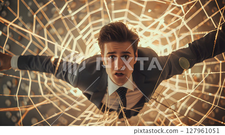 Debt Concept, Man caught in a spider web of financial scams depicting 127961051