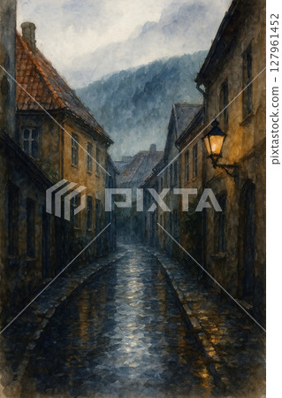 雨後黃昏的歐洲小鎮街景 | 濕潤的石板路與古色古香的建築水彩插畫 | 雨後歐洲小鎮風景水彩插畫 127961452