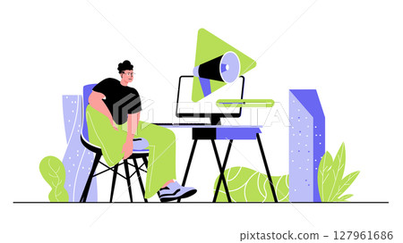 Video marketing concept for modern web design. People creating content with advertising information, promoting online, attracting new clients. Flat vector illustration isolated on white background. Video marketing concept for modern web design. People creating content with advertising information, promoting online, attracting new clients. Flat vector illustration isolated on white background. 127961686