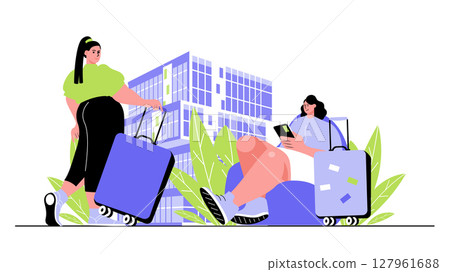 Travel vacation concept for modern web design. People with luggage hurrying flight, going to vacation with baggage, travelling with excursions. Flat vector illustration isolated on white background. Travel vacation concept for modern web design. People with luggage hurrying flight, going to vacation with baggage, travelling with excursions. Flat vector illustration isolated on white background. 127961688