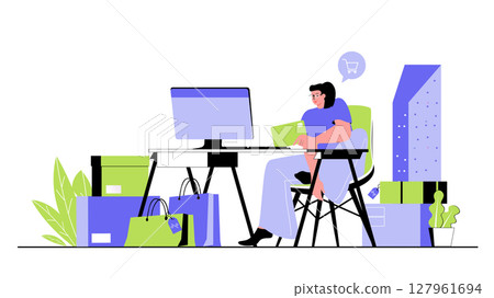 Shopping concept for modern web design. People making purchases in internet stores, paying using credit card, making online shopping on sale. Flat vector illustration isolated on white background. 127961694