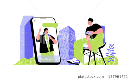 Journalism concept for modern web design. People watching news at video chanel in app, journalist with microphone making reportage for tv show. Flat vector illustration isolated on white background. 127961731