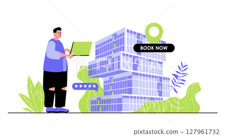 Hotel booking concept for modern web design. People planning trip and renting house or room using laptop, searching travel apartment by internet. Flat vector illustration isolated on white background. 127961732
