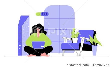 Freelance concept for modern web design. People working at computer, freelancer doing tasks from home office, connecting with team online. Flat vector illustration isolated on white background. 127961733