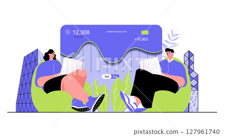 Cryptocurrency mining concept for modern web design. People buying crypto currency, extracting bitcoins and other digital money, increase profit. Flat vector illustration isolated on white background. 127961740