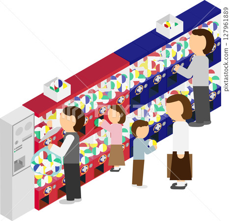 Image of people and store clerks using a sales floor with many isometric currency exchange machines and gachapon machines 127961889