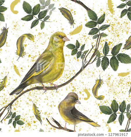 Seamless pattern of watercolor illustrations greenfinch birds, feathers, rosehip leaves and watercolor splash on white background hand drawn. Seamless pattern for fabric, textile, prints, design  127961917