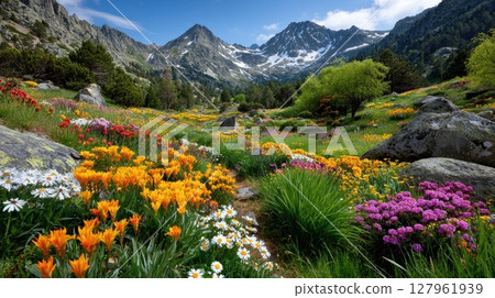Wildflower meadow blooms below snowy peaks and a clear blue sky. A picturesque mountain scene of natural beauty 127961939