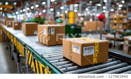 Parcels on a conveyor belt in a warehouse. Ready for shipping, this automation exemplifies modern logistics Parcels on a conveyor belt in a warehouse. Ready for shipping, this automation exemplifies modern logistics 127961940
