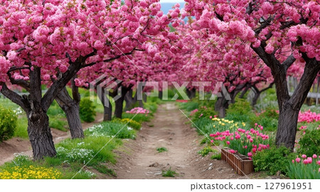 Pink blossoms form a tunnel over a dirt path. Tulips and flowers bloom below, enhancing the spring garden 127961951