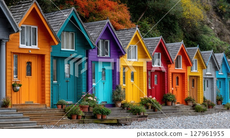 These colorful beach huts stand in a vibrant row, adding a playful charm to the coastal landscape and showing unique architecture and painted facades 127961955