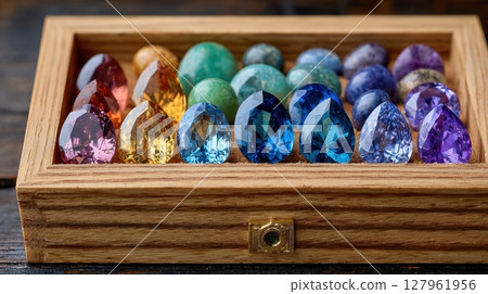 A collection of colorful gemstones are displayed in a wooden box, showcasing their brilliance and unique colors. The focus is on the beauty and variety of these gems 127961956