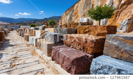 Row of cut stone blocks ready for transport at a quarry, featuring marble and rock formations under a bright blue sky Row of cut stone blocks ready for transport at a quarry, featuring marble and rock formations under a bright blue sky 127961987