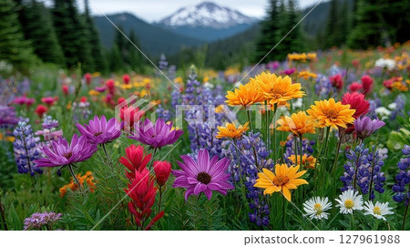 Colorful wildflowers fill a meadow, creating a vibrant scene with lupine, daisies, and a majestic mountain range in the background. Nature's beauty Colorful wildflowers fill a meadow, creating a vibrant scene with lupine, daisies, and a majestic mountain range in the background. Nature's beauty 127961988
