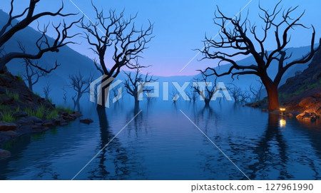 An eerie swamp illuminated by a single lantern evokes a sense of mystery, with bare trees and water reflecting the twilight sky 127961990