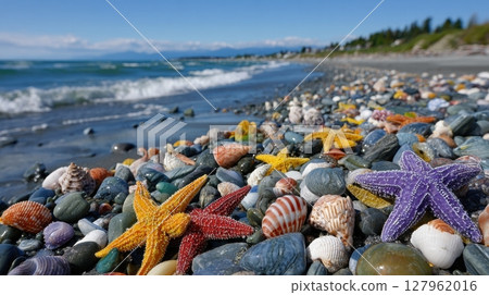 This beach scene features colorful starfish and seashells strewn across smooth rocks, where the tranquil ocean meets the shore, offering a glimpse of coastal serenity 127962016