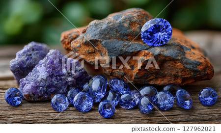 A collection of faceted tanzanite gemstones is displayed with a cluster of amethyst crystals and a rough rock specimen, showcasing their natural beauty and geological appeal 127962021