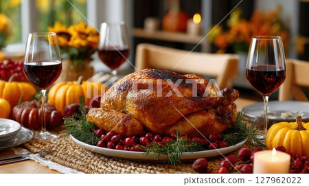 A beautiful Thanksgiving dinner table is set with a roasted turkey, pumpkins, cranberries, and wine glasses for a festive autumn celebration 127962022