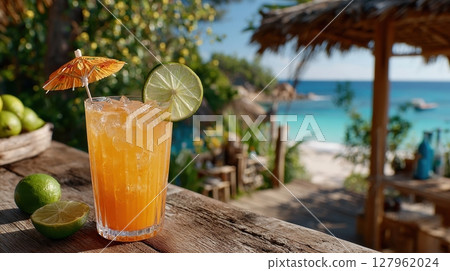 A refreshing cocktail with a lime garnish and tiny umbrella sits on a wooden bar overlooking a tropical beach scene, evoking thoughts of summer and vacation 127962024