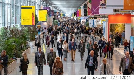 Crowded event hall with many attendees walking through a large exhibition space, attending a conference to network and browse the various booths Crowded event hall with many attendees walking through a large exhibition space, attending a conference to network and browse the various booths 127962045