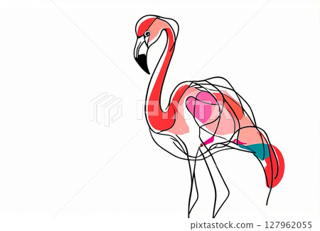 Flamingo in single line drawings with colorful spots 127962055
