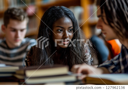 Young woman engaged in conversation with classmates while studying in a library setting with bookshelves in background 127962136