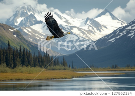 Bald eagle in flight over scenic Alaskan terrain with snow-capped mountains, evergreen forest, and tranquil lake 127962154