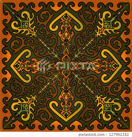 Traditional ornamental motif with symmetrical Central Asian pattern and steppe inspired color palette 127962282