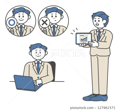 Set of men in suits using computers and tablets 127962371