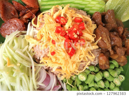 Fried rice with Shrimp paste, Thai style food. Thailand s national dishes. 127962383