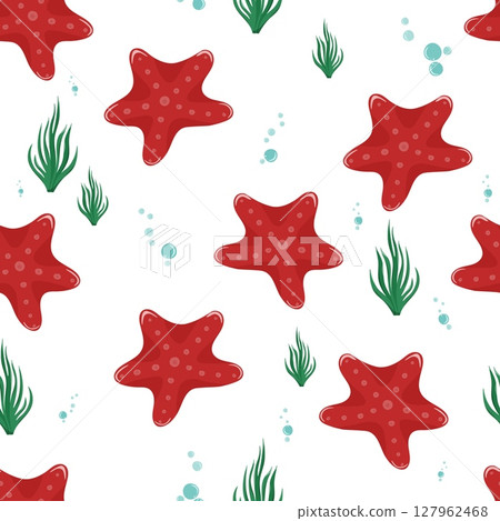 Seamless pattern with red starfish and seaweed 127962468
