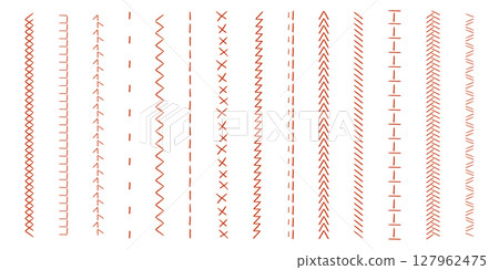 Sewing machine, embroidery border line zig zag hatch. Geometric fabric needlework, thread sew brushes, sewing seams.  127962475
